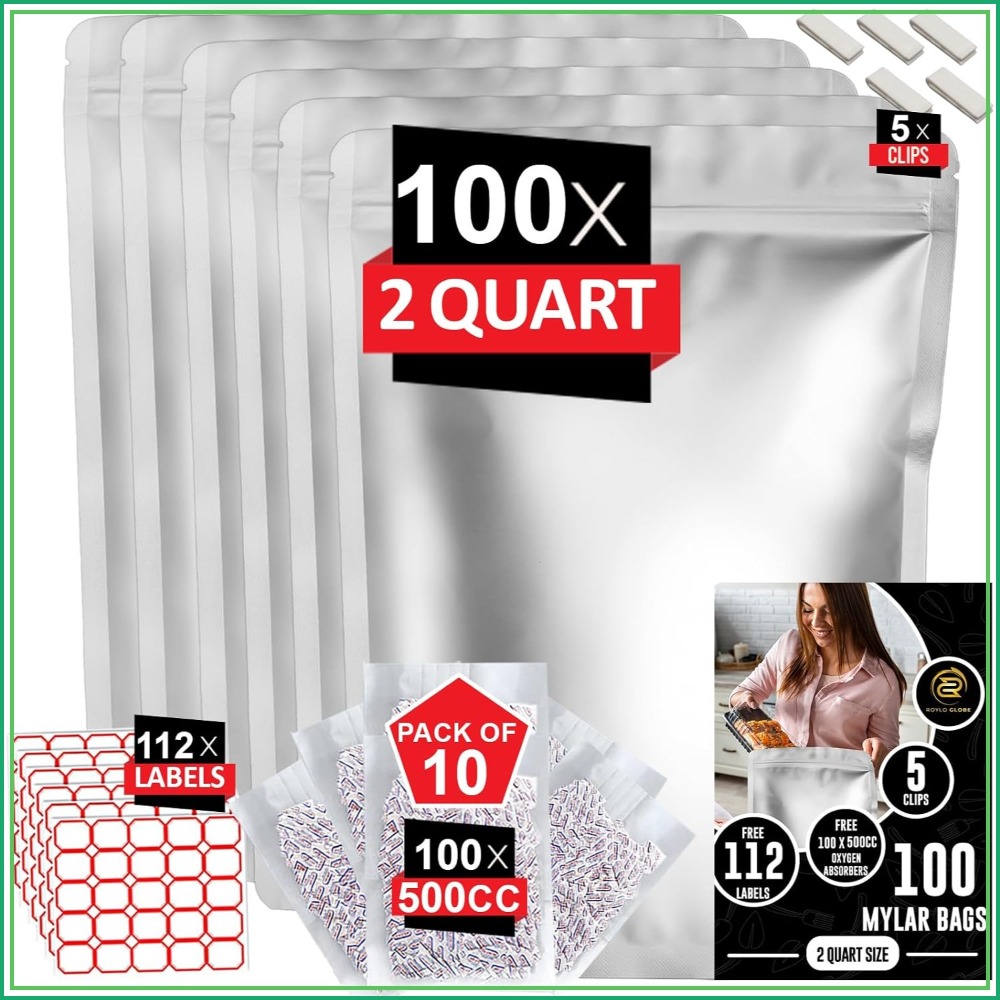Food Storage Oxygen Absorbers - 100pcs 2 Quart Mylar Bags with