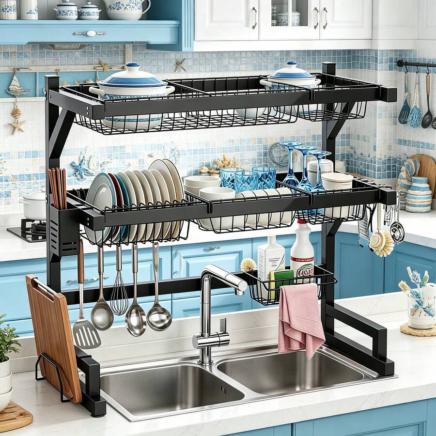 Food Storage Rack For Kitchen - 2-Tier Kitchen Over Sink Dish Rack,